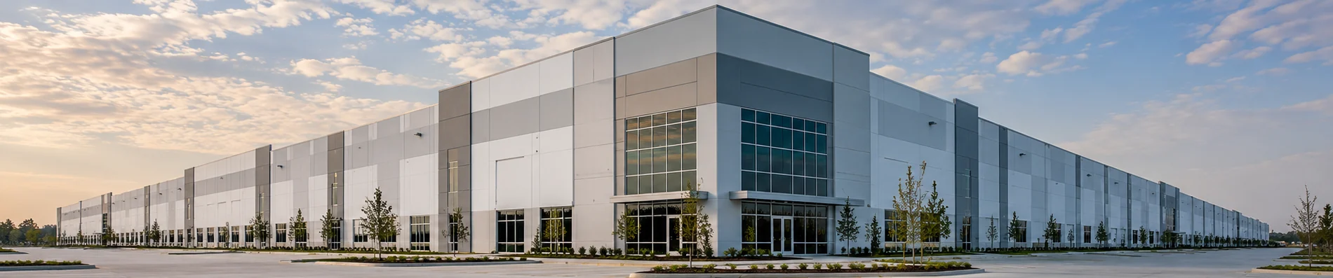 Illustrative exterior of a large Houston-area commercial warehouse building
