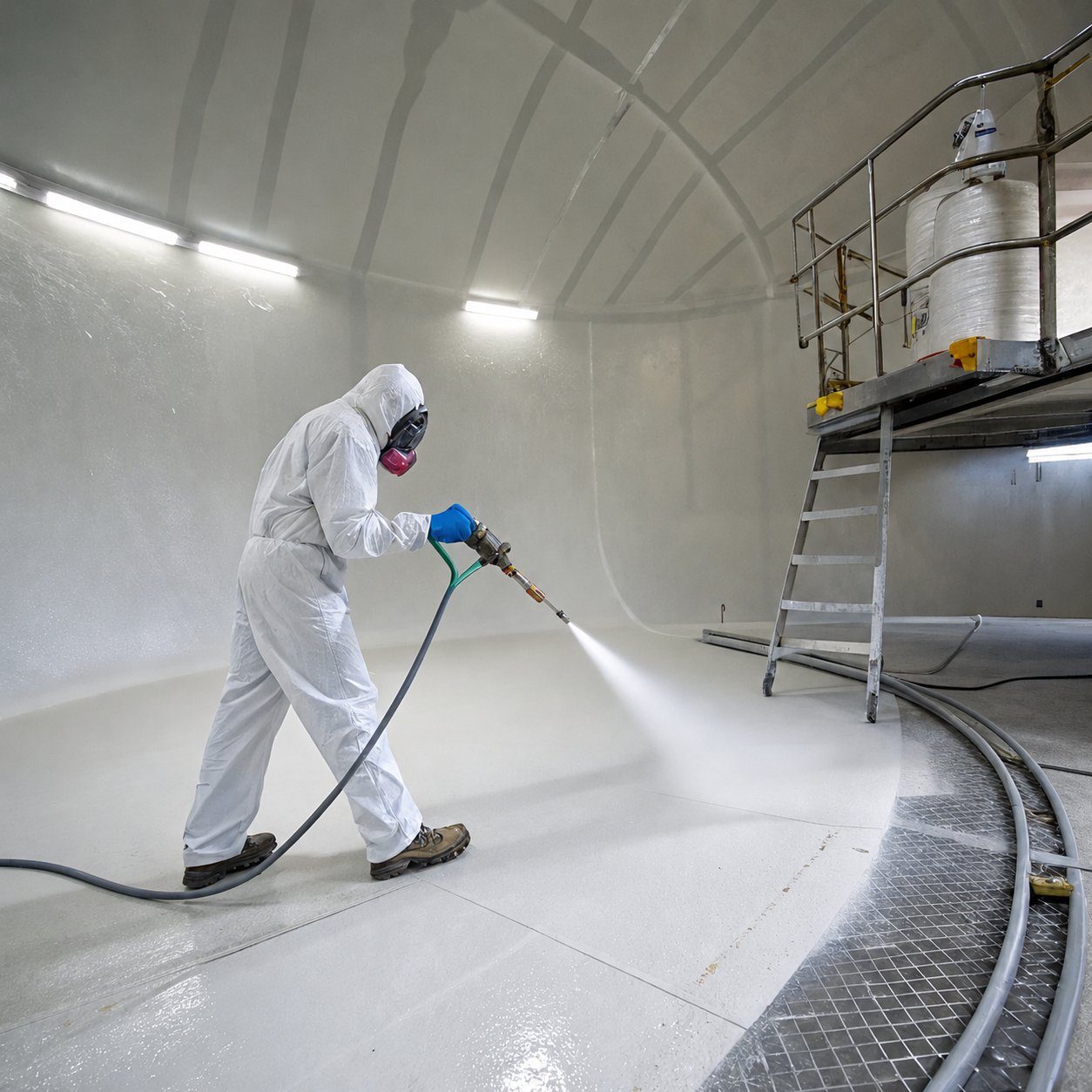 Technician spray-applying interior tank lining
