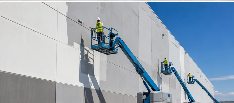 Painters on lifts working on tilt-wall concrete exterior