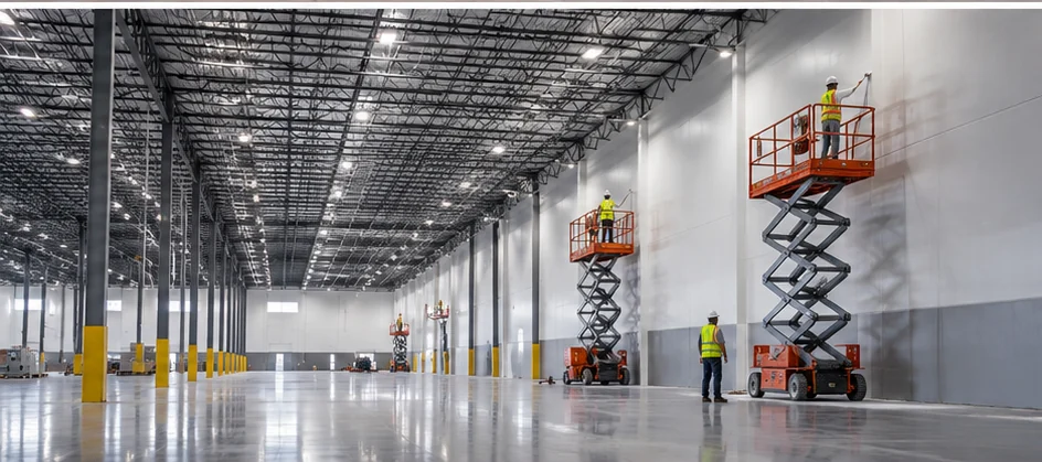 Warehouse interior with painting access lifts